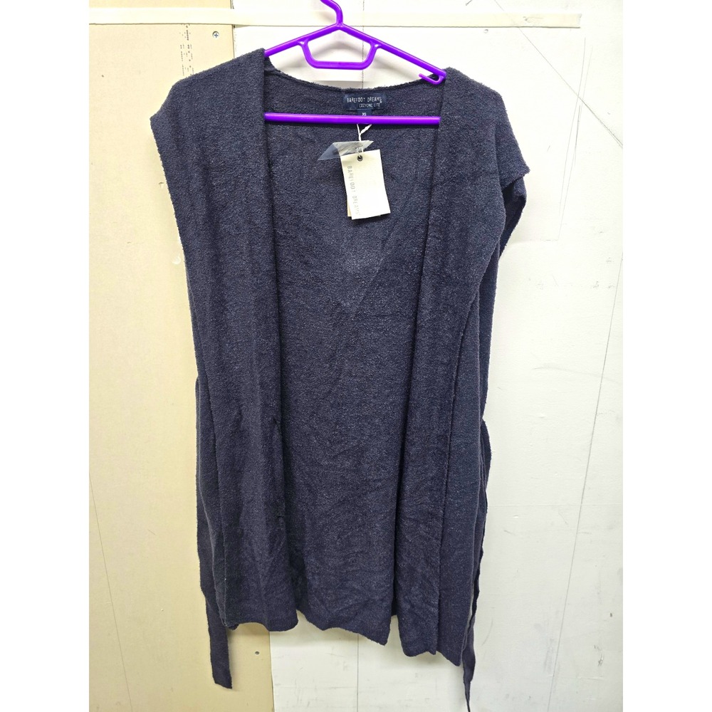 Barefoot Dreams CozyChic Lite Hooded Open Front Tie Vest Blue XS BDWCL25388